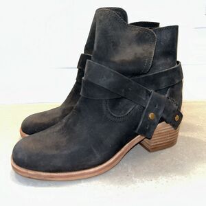 UGG Boots Womens 5 Elora Ankle Booties Black Suede Block‎ Heels Pull On EUC
